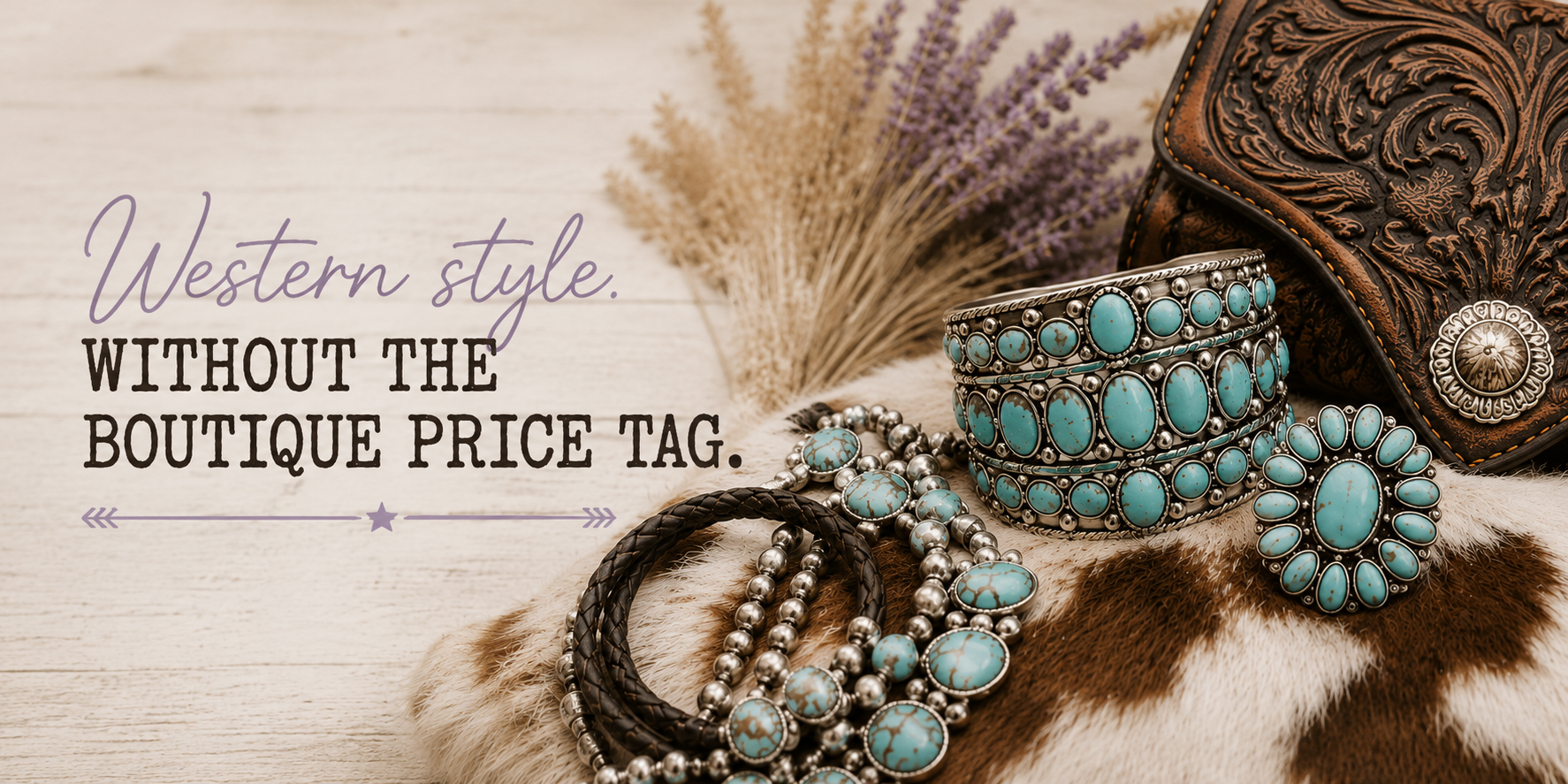 Western-style jewelry set featuring turquoise and silver pieces, including a cuff bracelet, a ring, and a necklace, styled with a brown concho wallet, dried lavender, and cowhide on a rustic wood background with promotional text.