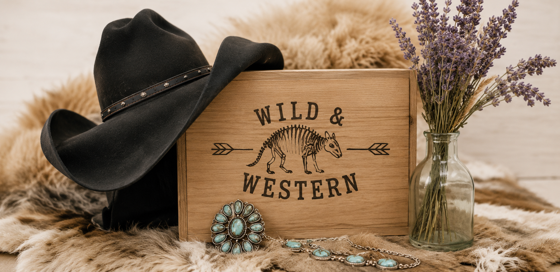 A rustic wooden sign engraved with 'WILD & WESTERN' and an animal skeleton illustration, styled with a black cowboy hat, turquoise jewelry, and dried lavender in a glass vase on a faux fur surface.