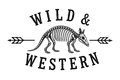 Black and white graphic design featuring a skeleton armadillo with the text 'WILD & WESTERN' and decorative arrows on a plain white background.